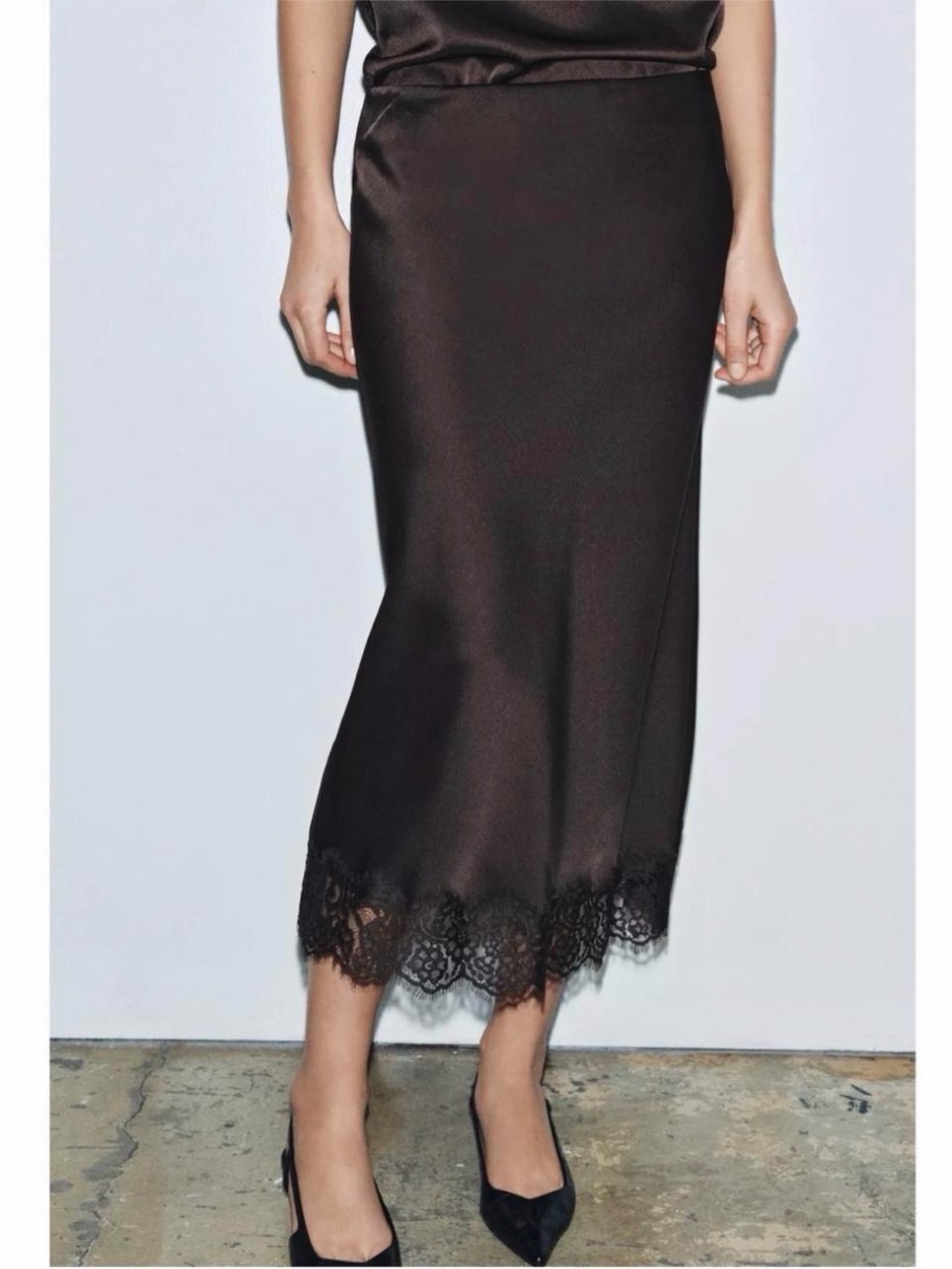 Zara Black Satin Midi Slip Skirt with Lace Trim